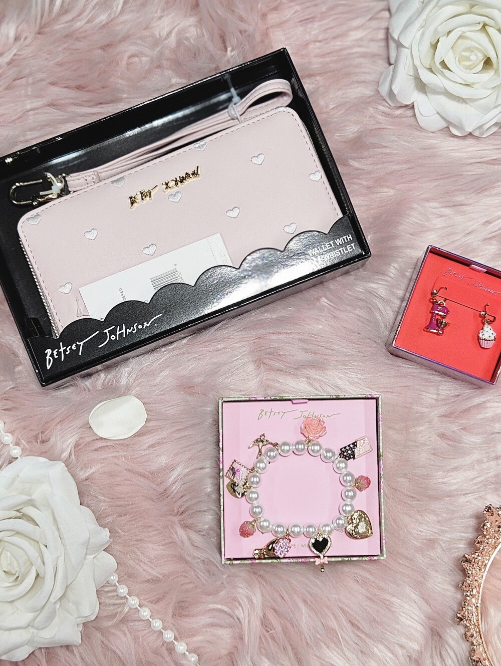 BUNDLE Pink Heart Wallet, Cupcake Mixer Earrings & Sweetheart Charm Bracelet New